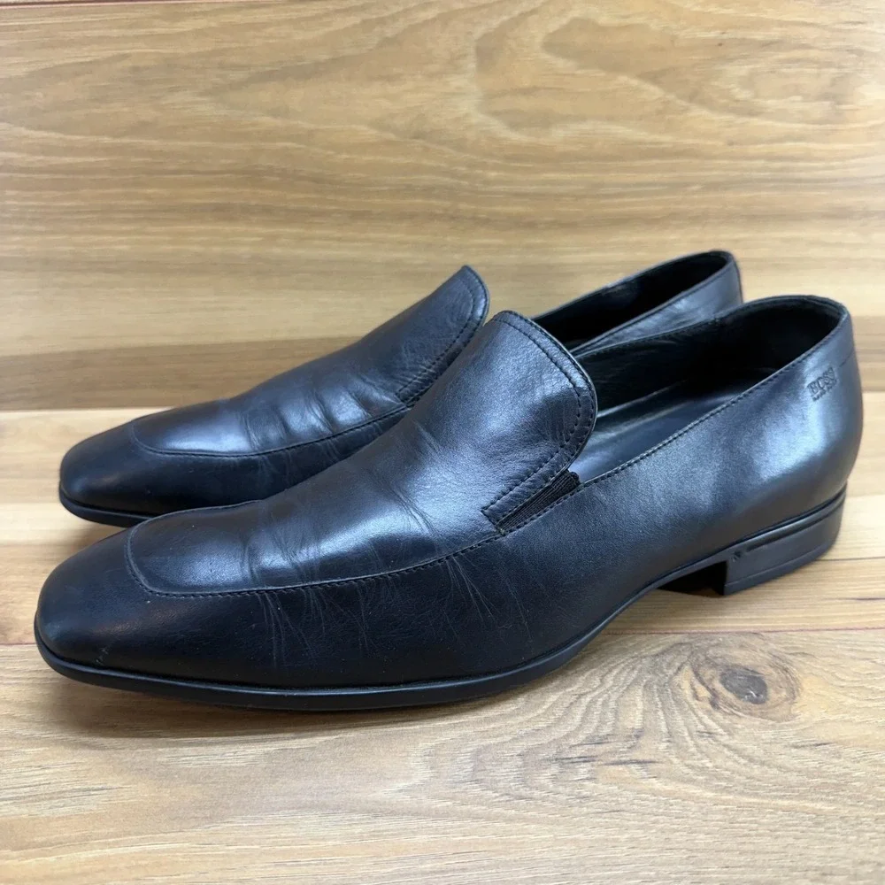 HUGO BOSS Dress Loafers Mens 9 Black Leather Square Toe